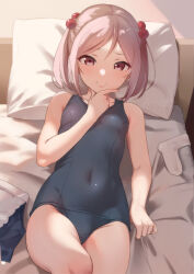 Rule 34 | 1girl, bed, bed sheet, blue one-piece swimsuit, blush, breasts, covered navel, hair bobbles, hair ornament, hand on own chin, highres, kantai collection, looking at viewer, lying, on back, on bed, one-piece swimsuit, pillow, pink eyes, pink hair, sakieko, sazanami (kancolle), sheet grab, short hair, short twintails, small breasts, solo, swimsuit, twintails