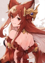 Rule 34 | 1girl, animal ears, anthuria, back, back focus, bad id, bad pixiv id, bare shoulders, closed mouth, commentary request, detached sleeves, erune, from behind, granblue fantasy, hair ornament, highres, koretsuki azuma, long hair, looking at viewer, looking back, red eyes, red hair, smile, solo, upper body