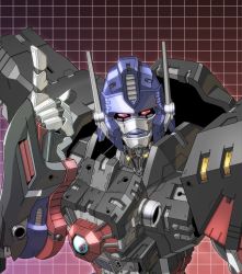 Rule 34 | beast wars, beast wars: transformers, cable, grey background, grid background, head tilt, highres, kuramochi kyouryuu, looking at viewer, mecha, optimus primal, pointing, pointing up, red eyes, redesign, robot, solo, transformers