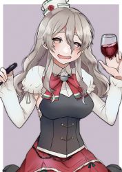 Rule 34 | 1girl, absurdres, border, bottle, brown eyes, corset, cup, drinking glass, drooling, drunk, grey background, grey hair, hat, highres, holding, holding bottle, kantai collection, long hair, long sleeves, looking at viewer, mini hat, pola (kancolle), red skirt, shirt, sitting, skirt, solo, thick eyebrows, tilted headwear, toriniku senshi chikinman, two-tone background, wariza, wavy hair, white border, white shirt, wine bottle, wine glass