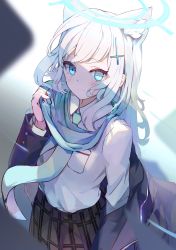 Rule 34 | 1girl, animal ear fluff, animal ears, blue archive, blue eyes, blue jacket, blue scarf, breast pocket, collared shirt, commentary, cross hair ornament, extra ears, hair ornament, halo, high-waist skirt, highres, jacket, koomoi, long sleeves, looking at viewer, medium hair, mismatched pupils, necktie, off shoulder, open clothes, open jacket, plaid, plaid skirt, pleated skirt, pocket, scarf, school uniform, shiroko (blue archive), shirt, shirt tucked in, skirt, sleeve cuffs, solo, striped clothes, striped scarf, white hair, white shirt, wolf ears