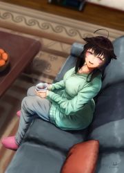 Rule 34 | 1girl, absurdres, ahoge, black hair, blue eyes, blue legwear, breasts, collarbone, couch, cup, cushion, from above, fruit basket, full body, green shirt, hair flaps, half-closed eyes, highres, holding, holding cup, hot drink, indoors, kantai collection, long sleeves, looking at viewer, medium breasts, parted lips, pink footwear, pov, rug, shigure (kancolle), shigure kai ni (kancolle), shirt, smile, steam, table, tsui (kojiya)
