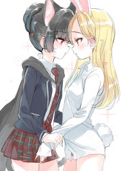 Rule 34 | 2girls, animal ears, bad id, bad pixiv id, black cape, black hair, black jacket, blonde hair, cape, cat ears, cat tail, commentary request, elin, emily (pure dream), eye contact, face-to-face, hair bun, highres, jacket, long hair, looking at another, multiple girls, necktie, no pants, panties, panty peek, rabbit ears, red eyes, red neckwear, shirt, single hair bun, sketch, tail, tera online, underwear, white shirt, yuri
