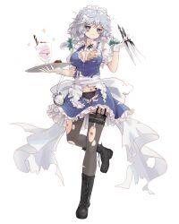 &gt;:( 1girl absurdres annoyed apron bandaid black_footwear blue_dress blue_eyes boots bow braid breast_padding breasts collared_shirt defeat dress edz_drawz gloves green_bow grey_hair highres holding holding_knife holding_tray izayoi_sakuya knife knife_sheath large_breasts maid maid_apron maid_headdress panties parfait pocket_watch sheath shirt simple_background sparkle thighhighs torn_clothes touhou tray twin_braids underwear v-shaped_eyebrows waist_bow watch white_apron white_gloves