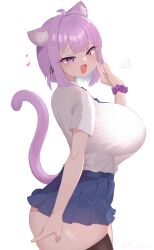 Rule 34 | 1girl, absurdres, ahoge, alternate costume, animal ear fluff, animal ears, black thighhighs, blue hair, blue skirt, blush, breasts, cat ears, cat girl, cat tail, fang, gabai, heart, highres, hololive, large breasts, looking at viewer, nekomata okayu, open mouth, purple eyes, purple hair, school uniform, shirt, skin fang, skirt, smile, solo, tail, thighhighs, two side up, virtual youtuber, white background, white shirt