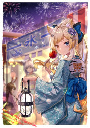 Rule 34 | 4girls, :d, absurdres, aerial fireworks, amiya (arknights), animal ear fluff, animal ears, arknights, ass, blonde hair, blue bow, blue eyes, blue kimono, bow, braid, breasts, candy apple, cat ears, commentary request, english text, fireworks, flower, food, from behind, green eyes, green kimono, grey hair, hair between eyes, hair bow, hair flower, hair ornament, hand fan, happy birthday, heterochromia, highres, holding, holding food, holding lantern, japanese clothes, kal&#039;tsit (arknights), kimono, lantern, long hair, long sleeves, looking at viewer, looking back, market stall, medium breasts, multiple girls, night, night sky, nightmare (arknights), obi, open mouth, outdoors, pink kimono, ponytail, profile, purple flower, purple kimono, purple rose, rabbit ears, red eyes, rose, rosmontis (arknights), sash, short sleeves, single braid, sky, smile, star (sky), starry sky, striped, striped bow, summer festival, tasuki, unmei no watashijin, very long hair, wide sleeves