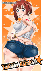 Rule 34 | 10s, 1girl, artist name, ass, bare shoulders, blue eyes, bracelet, breasts, butt crack, character name, denim, denim shorts, earrings, covered erect nipples, from behind, heart, highleg, highleg panties, huge ass, jewelry, kosaka yukiho, looking at viewer, love live!, love live! school idol project, naughty face, panties, red hair, short hair, short shorts, shorts, sweat, ta152 (graf zeppelin), tattoo, thong, tongue, tongue out, underwear, wide hips