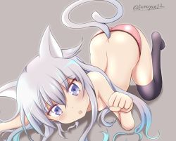 Rule 34 | 1girl, animal ears, ass, black thighhighs, blue eyes, blush, cat ears, cat tail, hair between eyes, hibiki (kancolle), highres, kantai collection, kemonomimi mode, long hair, looking at viewer, no bra, one-hour drawing challenge, open mouth, panties, paw pose, pink panties, silver hair, solo, tail, tamayan, thighhighs, topless, underwear