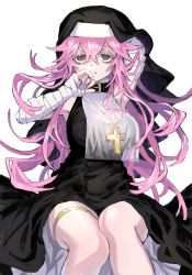 Rule 34 | 1girl, @ @, bandages, black collar, black dress, breasts, collar, cross, cross necklace, dress, garter belt, grey eyes, hair between eyes, hand on own face, highres, jewelry, large breasts, long hair, necklace, nun, original, pink-haired nun (404notfound), pink hair, rabbit monster, sitting, sleeveless, sleeveless dress, solo, veil, white background