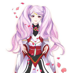 Rule 34 | 10s, 1girl, amy26, bad id, bad pixiv id, braid, kakumeiki valvrave, lieselotte, lieselotte w. dorssia, long hair, looking at viewer, petals, purple hair, red eyes, simple background, smile, solo, twintails, white background