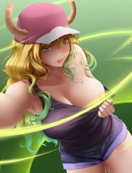 Rule 34 | 10s, 1girl, :p, armpits, bare shoulders, baseball cap, bearwitch, black shirt, blonde hair, blue hair, blue shorts, breast slip, breasts, censored, censored nipples, cleavage, clothes pull, collarbone, convenient censoring, cowboy shot, dragon girl, dragon horns, eyelashes, gradient eyes, gradient hair, green eyes, green hair, hair between eyes, hands up, hat, heterochromia, highres, horns, kobayashi-san chi no maidragon, large breasts, legs together, light censor, lips, long hair, looking at viewer, lucoa (maidragon), multicolored eyes, multicolored hair, no bra, one breast out, pink hat, pink lips, purple eyes, shirt, shirt pull, short shorts, shorts, sleeveless, sleeveless shirt, slit pupils, solo, standing, tank top, teasing, tongue, tongue out, wavy hair, yellow pupils