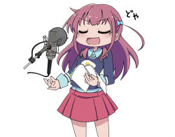 Rule 34 | 1girl, bow, closed eyes, girlish number, hair bow, karasuma chitose (girlish number), long hair, microphone, open mouth, pop filter, purple hair, recording, script, skirt, smug, studio microphone, sweater, toshi mellow-pretty, white background