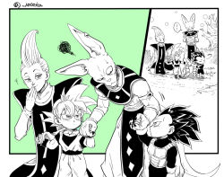 Rule 34 | ..., 4boys, aged down, armlet, armor, arms behind back, beerus, commentary request, crossed arms, dougi, dragon ball, dragon ball super, ear piercing, gloves, greyscale, half-closed eyes, holding hands, male focus, monochrome, motion lines, multiple boys, no eyebrows, piercing, seiza, senka-san, sitting, smile, son goku, spoken ellipsis, squiggle, tail, ultra ego (dragon ball), ultra instinct, vegeta, whis