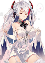 Rule 34 | 1girl, :q, adapted costume, alternate costume, antenna hair, azur lane, bare shoulders, between legs, blush, breasts, bridal gauntlets, bridal veil, brown eyes, cleavage, closed mouth, clothes lift, collarbone, cross, dress, dress lift, flower, garter straps, gloves, hair between eyes, hair ornament, half-closed eyes, headgear, heart, highres, iron cross, itsui (dihydrogenmonoxid), large breasts, lifted by self, long hair, looking at viewer, mole, mole on breast, multicolored hair, nail polish, no bra, petals, pink nails, prinz eugen (azur lane), prinz eugen (symphonic fate) (azur lane), red hair, see-through, smile, solo, standing, thighhighs, thighs, tongue, tongue out, two side up, veil, very long hair, wedding dress, white dress, white flower, white gloves, white hair, white thighhighs