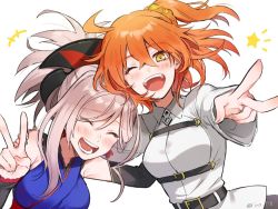 Rule 34 | 2girls, ^ ^, ahoge, closed eyes, detached sleeves, fate/grand order, fate (series), fujimaru ritsuka (female), hand on another&#039;s shoulder, laughing, miyamoto musashi (fate), miyamoto musashi (first ascension) (fate), multiple girls, one eye closed, open mouth, orange eyes, orange hair, pink hair, scrunchie, side ponytail, star (symbol), twitter username, v, white background