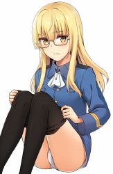Rule 34 | 1girl, black pantyhose, blonde hair, blush, breasts, closed mouth, glasses, long hair, looking at viewer, military, military uniform, momiji7728, neckerchief, panties, pantyhose, perrine h. clostermann, shiny clothes, simple background, sitting, small breasts, solo, strike witches, underwear, undressing, uniform, white background, white neckerchief, white panties, world witches series, yellow eyes