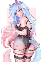 Rule 34 | 1girl, animal ear fluff, animal ears, ass, bikini, bikini skirt, black bikini, blue eyes, blue hair, blue tail, blush, breasts, chaisia art, commentary, english commentary, fishnet thighhighs, fishnets, frilled bikini, frills, halterneck, heart, highres, large breasts, looking at viewer, looking back, multicolored hair, multicolored tail, pink hair, pink tail, see-through, see-through skirt, silvervale, silvervale (5th costume), skirt, streaked hair, swept bangs, swimsuit, tail, thighhighs, virtual youtuber, vshojo, wolf ears, wolf girl, wolf tail
