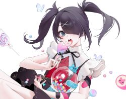 Rule 34 | 1girl, ame-chan (needy girl overdose), bandaid, bandaid on arm, black hair, black nails, black ribbon, black skirt, candy, collared shirt, crossed bandaids, earrings, food, gacha, grey eyes, gumball machine, hair ornament, hair over one eye, hair tie, hairclip, heart, highres, holding, holding candy, holding food, jewelry, jirai kei, kaomoji, lollipop, looking at viewer, medium hair, neck ribbon, needy girl overdose, ohisashiburi, open mouth, red shirt, ribbon, shirt, shirt tucked in, simple background, skirt, solo, stud earrings, suspender skirt, suspenders, swirl lollipop, tongue, twintails, white background, x hair ornament