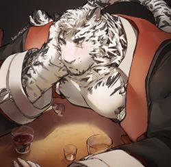 Rule 34 | 1boy, abs, animal ears, arknights, bara, bare pectorals, blush, bounsies, cup, drinking glass, elbow rest, furry, furry male, highres, jacket, large pectorals, looking at viewer, male focus, mountain (arknights), muscular, muscular male, nipples, official alternate costume, one eye closed, open clothes, open jacket, open shirt, pectorals, scar, scar across eye, scar on face, short hair, solo, tiger boy, tiger ears, tiger stripes, white fur