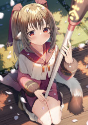 Rule 34 | 1girl, animal ears, blush, brown footwear, brown hair, closed mouth, commentary request, flower, gurasion (gurasion), hair between eyes, holding, long hair, long sleeves, looking at viewer, nekone (utawarerumono), petals, puffy long sleeves, puffy sleeves, purple sailor collar, red eyes, sailor collar, shirt, shoes, solo, squatting, tail, twintails, utawarerumono, utawarerumono: itsuwari no kamen, white flower, white shirt