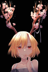 Rule 34 | 1girl, adapted costume, antlers, bare shoulders, black background, blonde hair, blue dress, closed mouth, collarbone, commentary request, dragon horns, dress, flower, flower request, hair between eyes, hand in own hair, hand up, highres, horn flower, horns, kicchou yachie, looking ahead, looking away, pink flower, red eyes, short hair, simple background, sleeveless, sleeveless dress, smile, solo, toraneko 2, touhou, upper body