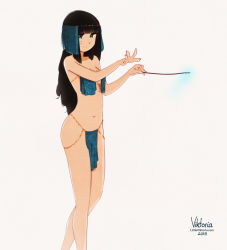 Rule 34 | arms up, bandaid, bandaid on face, bare arms, bare legs, black hair, breast curtains, breasts, closed mouth, collarbone, commentary, dark-skinned female, dark skin, english commentary, feet out of frame, green eyes, grey background, highres, holding, holding wand, legs, little viktoria, long hair, medium breasts, navel, original, pelvic curtain, revealing clothes, simple background, smile, solo, standing, veil, wand