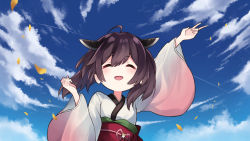 Rule 34 | 1girl, animal ears, arm up, blue sky, closed mouth, cloud, diieru, eyebrows hidden by hair, falling petals, hair between eyes, highres, japanese clothes, kimono, leaf, looking at viewer, open mouth, petals, short hair, sky, smile, solo, touhoku kiritan, upper body, v, victory pose, voiceroid