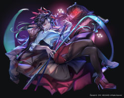 Rule 34 | 1girl, black hair, black legwear, brown jacket, closed mouth, ha yuri zahard, hair ornament, hero cantare, high heels, holding, holding weapon, jacket, jacket on shoulders, long hair, looking at viewer, miniskirt, official art, pillow, red eyes, red skirt, shiny clothes, shirt, sitting, skirt, smile, solo, thick thighs, thighs, tower of god, weapon, white shirt, yagaaaa