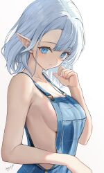 Rule 34 | 1girl, absurdres, bare arms, bare shoulders, blue eyes, blue hair, blush, breasts, closed mouth, collarbone, commentary request, elf, from side, hand up, highres, looking at viewer, may9, medium breasts, naked overalls, original, overalls, pointy ears, sideboob, signature, simple background, solo, upper body, white background