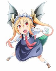 Rule 34 | 1girl, black wings, blonde hair, blush, breasts, brown footwear, collared shirt, dot nose, dragon girl, dragon tail, dragon wings, dress, eyebrows, full body, gloves, hair between eyes, highres, kobayashi-san chi no maidragon, large breasts, legs apart, long hair, maid headdress, necktie, open mouth, outstretched arms, pink necktie, purple dress, scales, shirt, shoelaces, shoes, sidelocks, simple background, slit pupils, socks, solo, tail, tanashi (mk2), teeth, tohru (maidragon), tongue, twintails, undershirt, white background, white gloves, white shirt, white socks, wings, yellow eyes