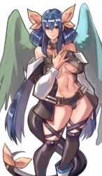 Rule 34 | asymmetrical wings, belt, blue hair, breasts, choker, crotch plate, dizzy (guilty gear), guilty gear, guilty gear x, guilty gear xx, hair ribbon, hand on own chest, highres, large breasts, long hair, looking at viewer, midriff, navel, puffy sleeves, ribbon, solo, tail, tail ornament, tail ribbon, thick thighs, thighhighs, thighs, uncle rabbit ii, wide hips, wings