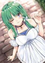Rule 34 | 1girl, ;), bare shoulders, blush, breasts, collarbone, commentary request, detached sleeves, dress, frog hair ornament, from above, fule, green eyes, green hair, hair ornament, hair ribbon, hand up, highres, jewelry, kochiya sanae, large breasts, long hair, looking at viewer, necklace, one eye closed, outdoors, ribbon, smile, solo, strapless, strapless dress, touhou, white dress, white ribbon