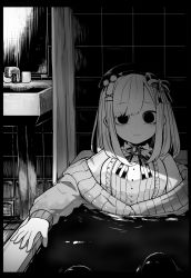 Rule 34 | 1girl, bathroom, beret, bow, bowtie, brooch, cardigan, closed mouth, collared shirt, greyscale, hair bow, hair ornament, hat, hatyuuruinohito, highres, horror (theme), jewelry, light smile, long sleeves, looking at viewer, monochrome, nijisanji, partially submerged, shirt, sink, solo, suzuhara lulu, suzuhara lulu (1st costume), virtual youtuber, water, x hair ornament