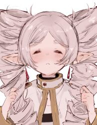 Rule 34 | 1girl, capelet, closed eyes, closed mouth, commentary, drill hair, earrings, elf, english commentary, facing viewer, frieren, frown, grey hair, hair over shoulder, hands up, highres, jewelry, long hair, long sleeves, moku (muooku), official alternate hairstyle, pointy ears, shirt, simple background, sketch, solo, sousou no frieren, striped clothes, striped shirt, twin drills, twintails, upper body, white background, white capelet