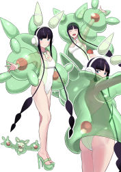 Rule 34 | 1girl, :d, absurdres, arm up, ass, black hair, blue eyes, blunt bangs, blush, closed eyes, commentary, cosplay, creatures (company), elesa (pokemon), eyelashes, game freak, gen 5 pokemon, green footwear, green jacket, headphones, high heels, highres, jacket, leotard, long sleeves, looking back, multiple views, nail polish, nintendo, nishikino kee, open clothes, open jacket, open mouth, outline, outstretched arm, pokemon, pokemon bw2, reuniclus, reuniclus (cosplay), short hair with long locks, sidelocks, simple background, smile, standing, tongue, white background, white leotard