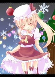 Rule 34 | 1girl, anzu 0504, ascot, blonde hair, blush, christmas, christmas ornaments, doily, closed eyes, flandre scarlet, garter straps, hat, heart, letterboxed, long hair, puffy short sleeves, puffy sleeves, red skirt, ribbon-trimmed legwear, ribbon trim, short sleeves, side ponytail, skirt, skirt set, smile, snowflakes, solo, thighhighs, touhou, white thighhighs, wings, zettai ryouiki