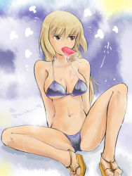 Rule 34 | 1girl, bikini, blonde hair, blue bikini, breasts, brown eyes, cleavage, collarbone, flying sweatdrops, food, food in mouth, fruit, gradient background, highres, long hair, marian e. carl, mishiro shinza, mouth hold, navel, noble witches, popsicle, sandals, sitting, solo, strike witches, swimsuit, underboob, watermelon, watermelon bar, world witches series