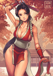 Rule 34 | 1girl, arm up, armpits, autumn leaves, breasts, brown eyes, brown hair, cleavage, folded fan, contrapposto, hand fan, female focus, folding fan, large breasts, long hair, ninja, pelvic curtain, ponytail, rope, ryu shou, shimenawa, shiranui mai, sideboob, solo, standing, the king of fighters, vambraces