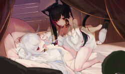 Rule 34 | 2girls, absurdres, animal ears, bed, bell, black hair, blush, breasts, cat ears, cat girl, cat tail, character request, collar, copyright request, extra ears, girl on top, hair in another&#039;s mouth, heizi mingyue, highres, indie virtual youtuber, long hair, long sleeves, looking at viewer, lying, multicolored hair, multiple girls, naked shirt, navel, neck bell, off shoulder, on back, on bed, open clothes, open mouth, open shirt, panties, purple hair, red eyes, shirt, small breasts, smile, stomach, tail, two-tone hair, underwear, virtual youtuber, white hair, white panties, white shirt, xingye, yuri