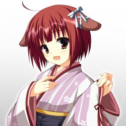 Rule 34 | 1girl, :d, ahoge, animal ears, asagi nanami, blunt bangs, blush, commentary request, dog ears, dog girl, eyebrows hidden by hair, eyelashes, floral print, hair ornament, hair ribbon, hands up, happy, highres, japanese clothes, kimono, long hair, looking at viewer, open mouth, purple kimono, red eyes, red hair, ribbon, short hair, simple background, sleeves past wrists, smile, solo, suou (tenshinranman), tenshinranman, two-tone kimono, upper body, white background, white kimono, white ribbon, x hair ornament