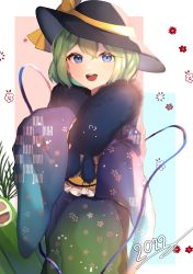 Rule 34 | 1girl, 2022, :d, adapted costume, bamboo, blue eyes, blush, cowboy shot, eyebrows hidden by hair, floral print, green hair, hair between eyes, hat, highres, komeiji koishi, looking at viewer, majime joe, open mouth, scarf, short hair, sleeves past fingers, sleeves past wrists, smile, solo, touhou, wide sleeves