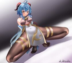 Rule 34 | 1girl, ahoge, artist name, bare shoulders, bell, blue hair, blush, bodystocking, bodysuit, breasts, brown pantyhose, commission, covered erect nipples, covered navel, detached sleeves, ganyu (genshin impact), genshin impact, gold trim, highres, horns, long hair, looking at viewer, medium breasts, neck bell, no shoes, pantyhose, pixiv commission, purple eyes, red rope, rope, sidelocks, solo, spread legs, squatting, thighlet, thighs, user awts7884
