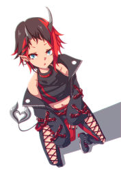 Rule 34 | 1girl, absurdres, black hair, black jacket, black pants, black sports bra, blue eyes, breasts, chain, commentary request, cross-laced pants, demon girl, demon horns, ear chain, ear piercing, full body, highres, horns, jacket, long sleeves, looking at viewer, medium breasts, multicolored hair, nanashi inc., off shoulder, open mouth, pants, piercing, pointy ears, red hair, red pants, ryugasaki rene, ryugasaki rene (1st costume), saiho, short hair, sitting, solo, sports bra, sugar lyric, two-tone hair, two-tone pants, virtual youtuber, white background