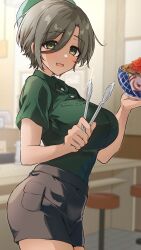 Rule 34 | 1girl, absurdres, bowl, breasts, brown hair, brown shorts, commentary request, cowboy shot, dark-skinned female, dark skin, food, girls band cry, green eyes, green hair, green shirt, highres, holding, holding bowl, holding tongs, indoors, large breasts, mole, mole under eye, open mouth, parted lips, restaurant, rupa (girls band cry), shirt, short hair, shorts, smile, tongs, wano (azayakam)