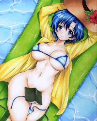 Rule 34 | 1girl, absurdres, bikini, bishoujo senshi sailor moon, blue eyes, blue hair, book, book on lap, breasts, brown hat, convenient censoring, groin, hat, highres, hmdark-9, inflatable raft, large breasts, legs, looking at viewer, lying, mizuno ami, on back, pool, reading, shirt, smile, solo, striped bikini, striped clothes, swimsuit, traditional media, unworn bikini bottom, water, yellow shirt