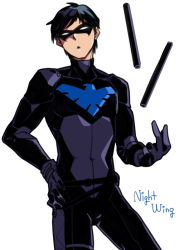 Rule 34 | 1boy, batman (series), black hair, bodysuit, character name, dc comics, dick grayson, domino mask, escrima stick, gloves, male focus, mask, nightwing, simple background, solo, weapon