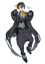 Rule 34 | 1boy, :o, alternate color, baggy pants, belt, black footwear, black hair, black pants, blue eyes, character name, full body, grey vest, hair ornament, kasuka108, looking at viewer, male focus, palossand, pants, personification, pokemon, shiny pokemon, shoes, solo, standing, vest