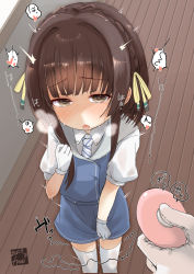 Rule 34 | 1girl, absurdres, blue dress, blush, brown eyes, brown hair, dress, fyuo, gloves, highres, kantai collection, puffy short sleeves, puffy sleeves, remote control, remote control vibrator, sailor collar, sex toy, shirt, short hair, short sleeves, solo, standing, thighhighs, ukuru (kancolle), vibrator, white gloves, white shirt, white thighhighs, wireless sex toy controller