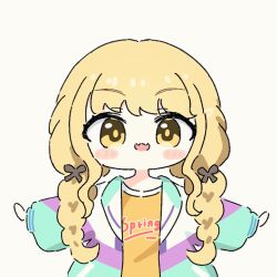 Rule 34 | 1girl, animated, animated gif, aqua jacket, blinking, blush stickers, braid, chibi, closed eyes, clothes writing, commentary, english text, fangs, fujita kotone, gakuen idolmaster, idolmaster, jacket, long hair, long sleeves, looking at viewer, low twin braids, multicolored clothes, multicolored jacket, no nose, open clothes, open jacket, open mouth, orange shirt, outstretched arms, purple jacket, shirt, sidelocks, skin fangs, smile, solo, twin braids, umihio, upper body, very long hair, white jacket