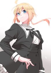 Rule 34 | 1girl, absurdres, ahoge, amano soraha, arm at side, assault lily, black ribbon, black skirt, blonde hair, blue eyes, breasts, buttons, closed mouth, commentary request, cowboy shot, cropped jacket, frilled skirt, frills, gradient background, grey background, hair between eyes, hand up, high-waist skirt, highres, juliet sleeves, long hair, long sleeves, looking at viewer, low ponytail, medium breasts, neck ribbon, ponytail, puffy sleeves, ribbon, sasaki33916, school uniform, shirt, skirt, smirk, solo, standing, white background, white shirt, yurigaoka girls academy school uniform